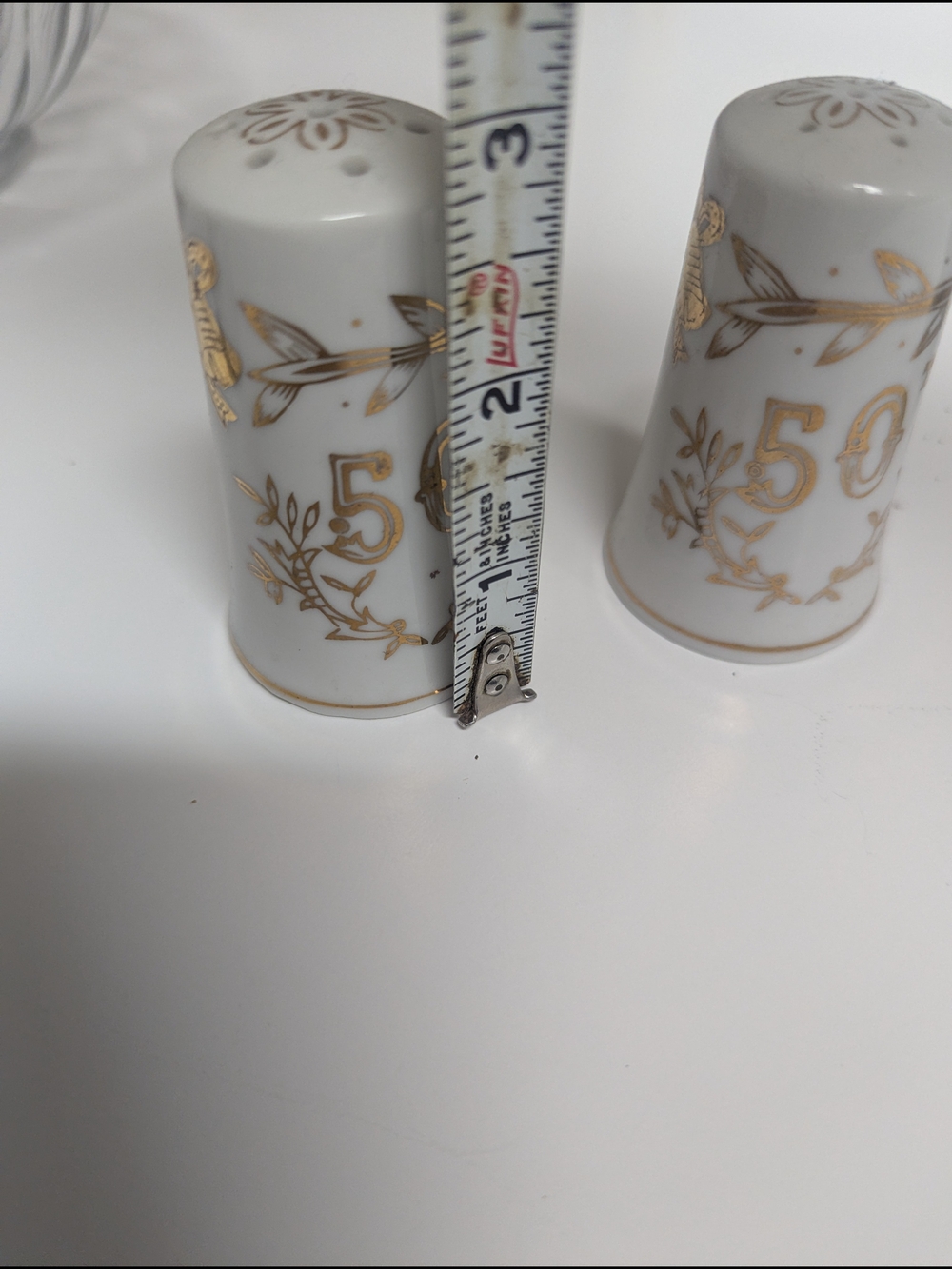1955 Vintage White and Gold Porcelain 50th Anniversary Salt & Pepper Shakers